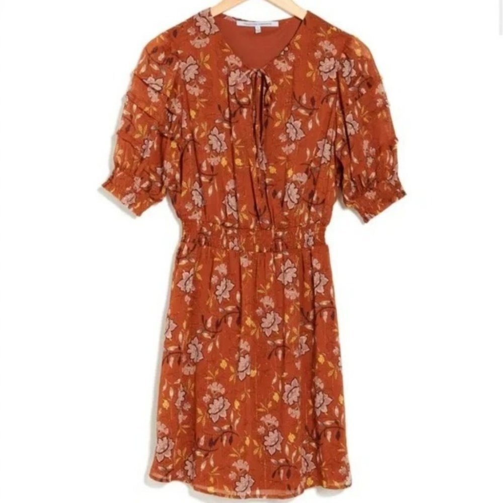 NEW Nordstrom Smocked Waist Puff Sleeve Floral Dress Size Large Brown Bohemian L